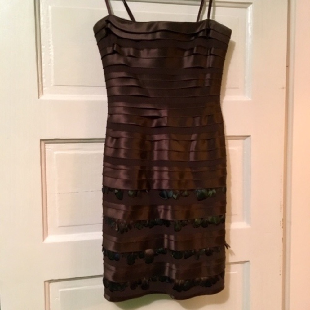 BCBGMaxAzria Tiered Satin Feather Strapless Dress